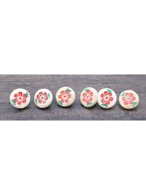 Set 6 Vintage Floral Shank Buttons Red w/ Green Painted Flowers 3/8" Plastic